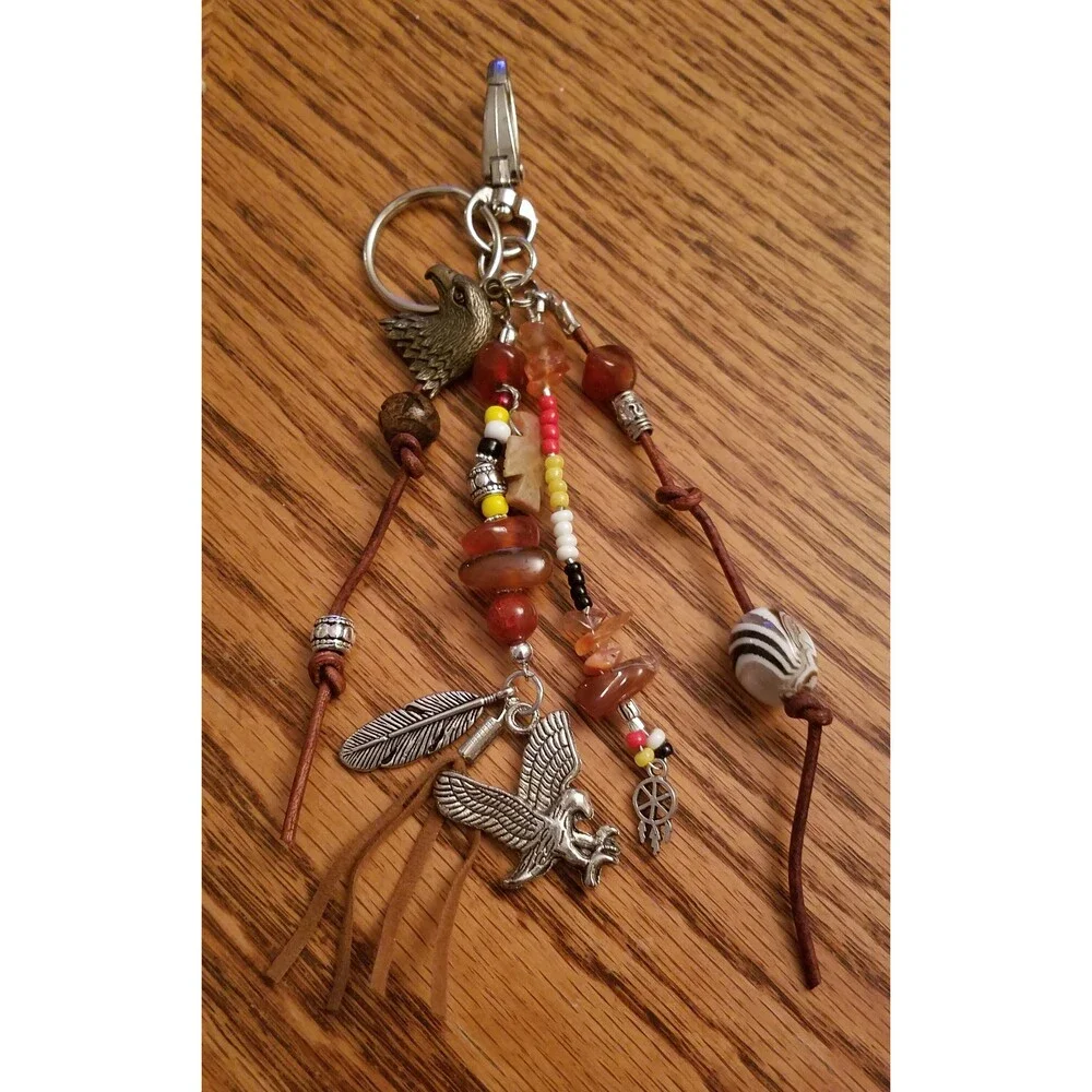 Red Hawk Key Ring Medicine Wheel Totem - Key Ring/Fob for Purse, Drum Bookmark